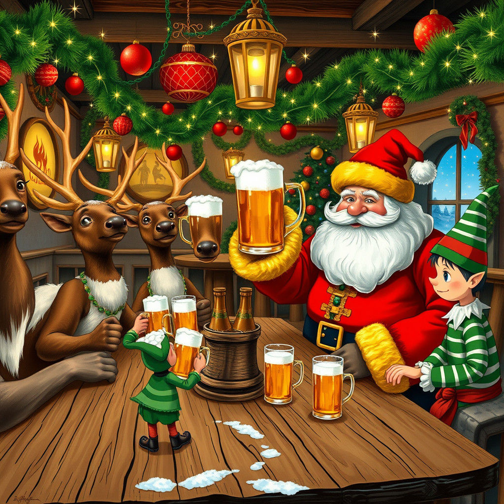 Santa Cheers With Reindeer in Festive Pub