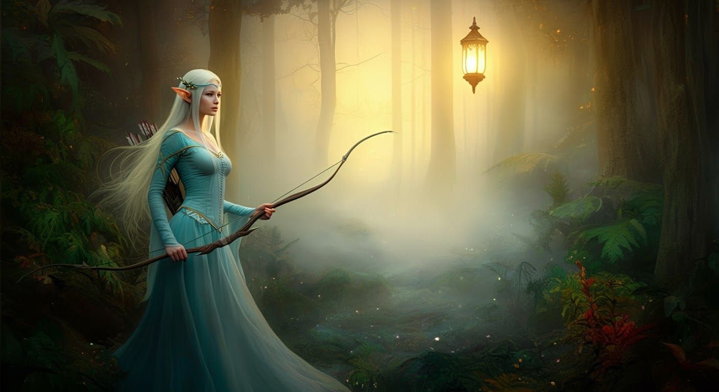 Elegant Elven Huntress in Mystical Forest at Golden Hour