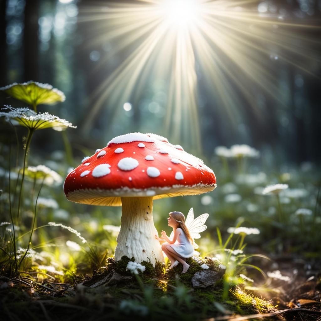 Fairy on Lit Toadstool with Heavenly Sunshine