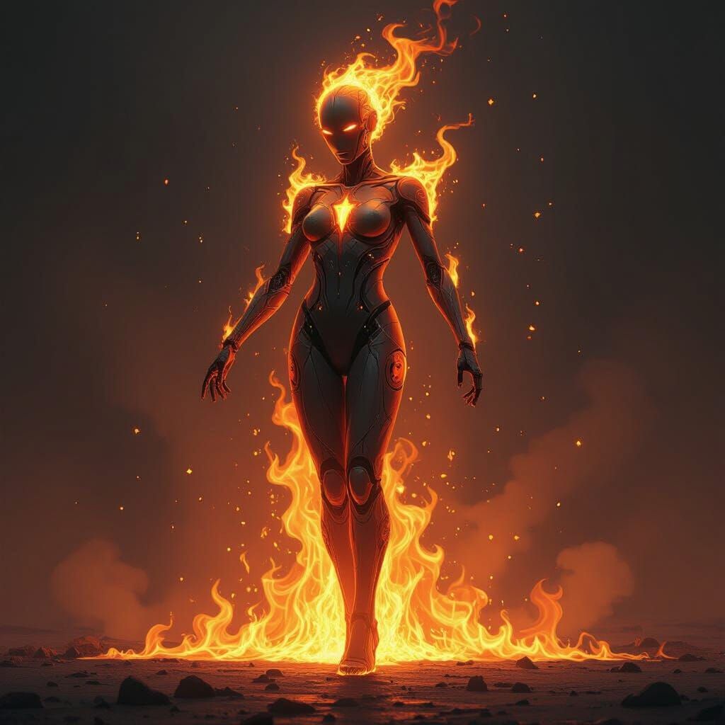 Flaming Humanoid Figure in Futuristic Style