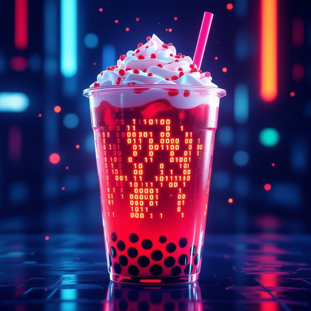 Red Code Bubble Tea With Neon Cyberpunk Style