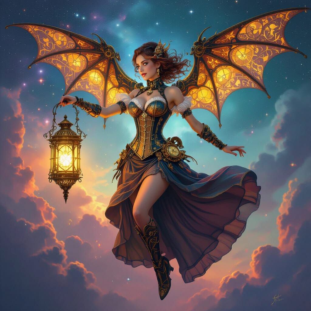 Steampunk Dragon Girl Soaring Through Nebula Sky