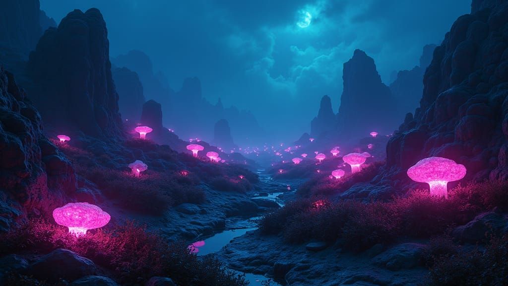 Mysterious Alien World with Neon Bioluminescent Plants Under...