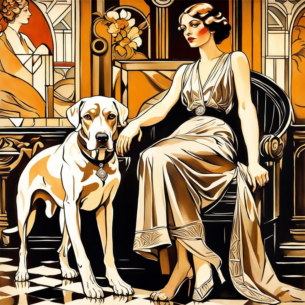 Beautiful woman with dog in art deco interior