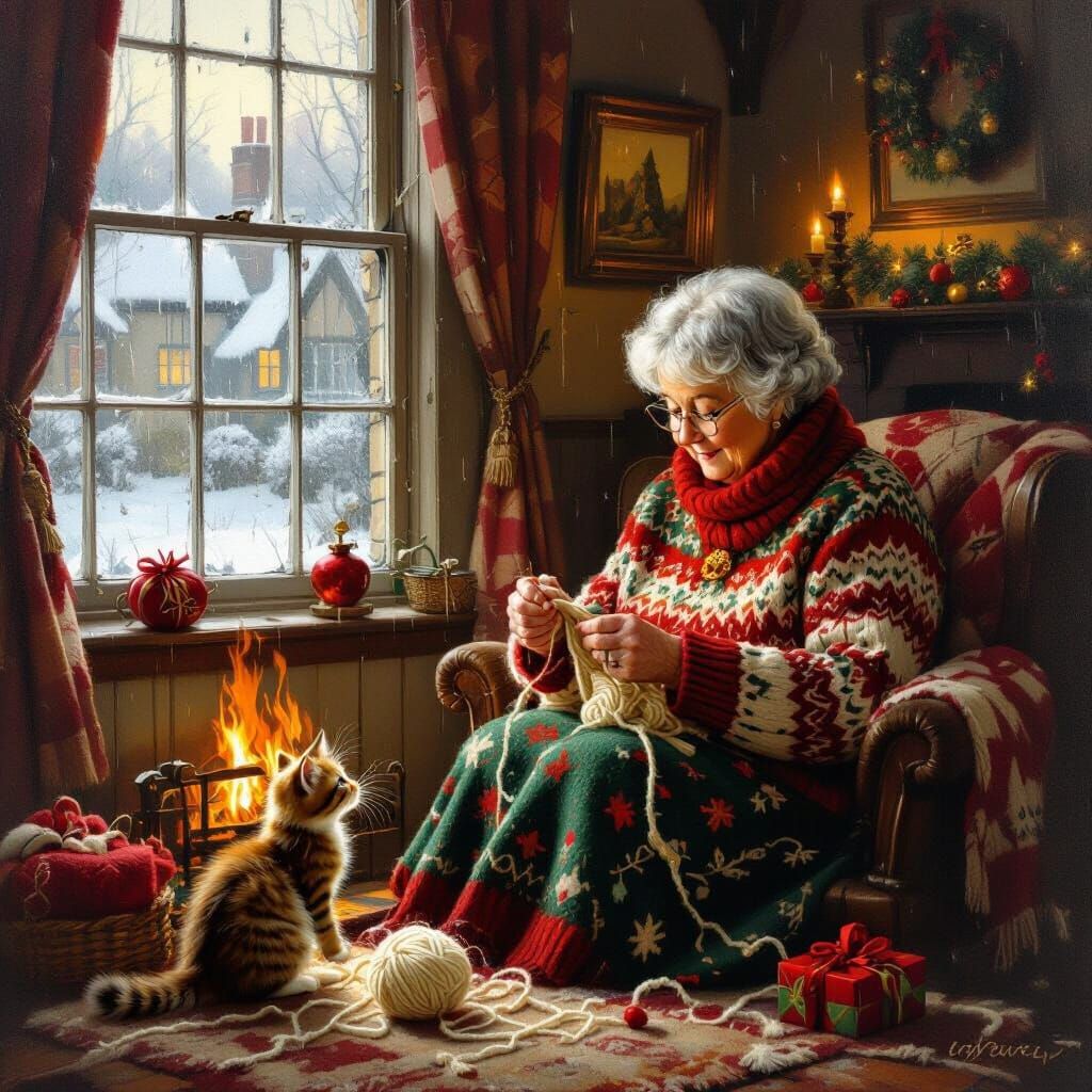 Cozy Christmas Scene: Grandmother Knitting, Kitten Plays
