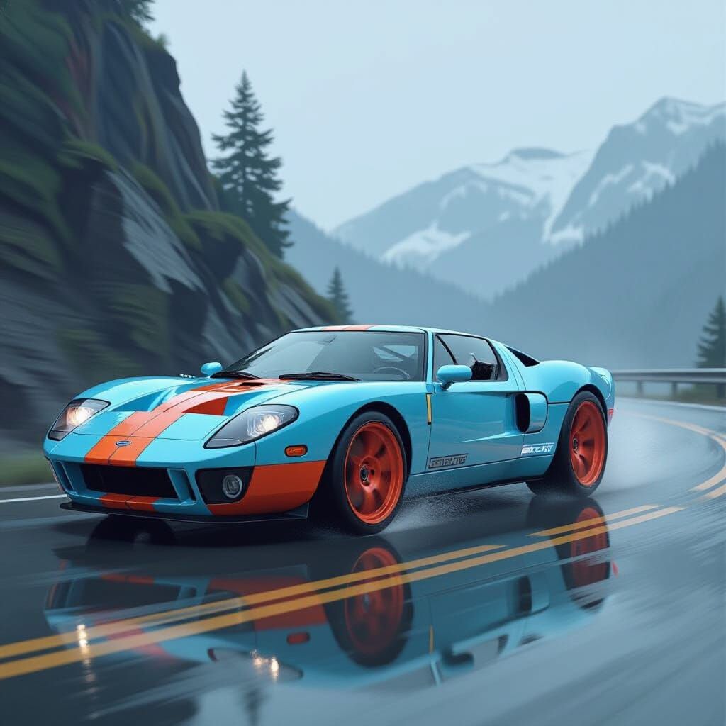 Ford GT Drifting on Mountain Road in Cyberpunk Style