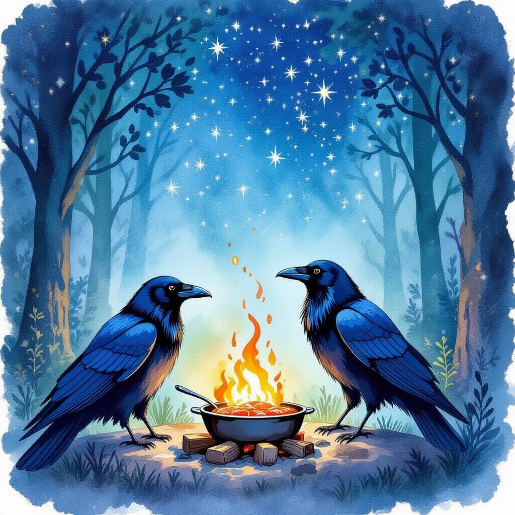 Raven Watches Forest Feast in Watercolor Style