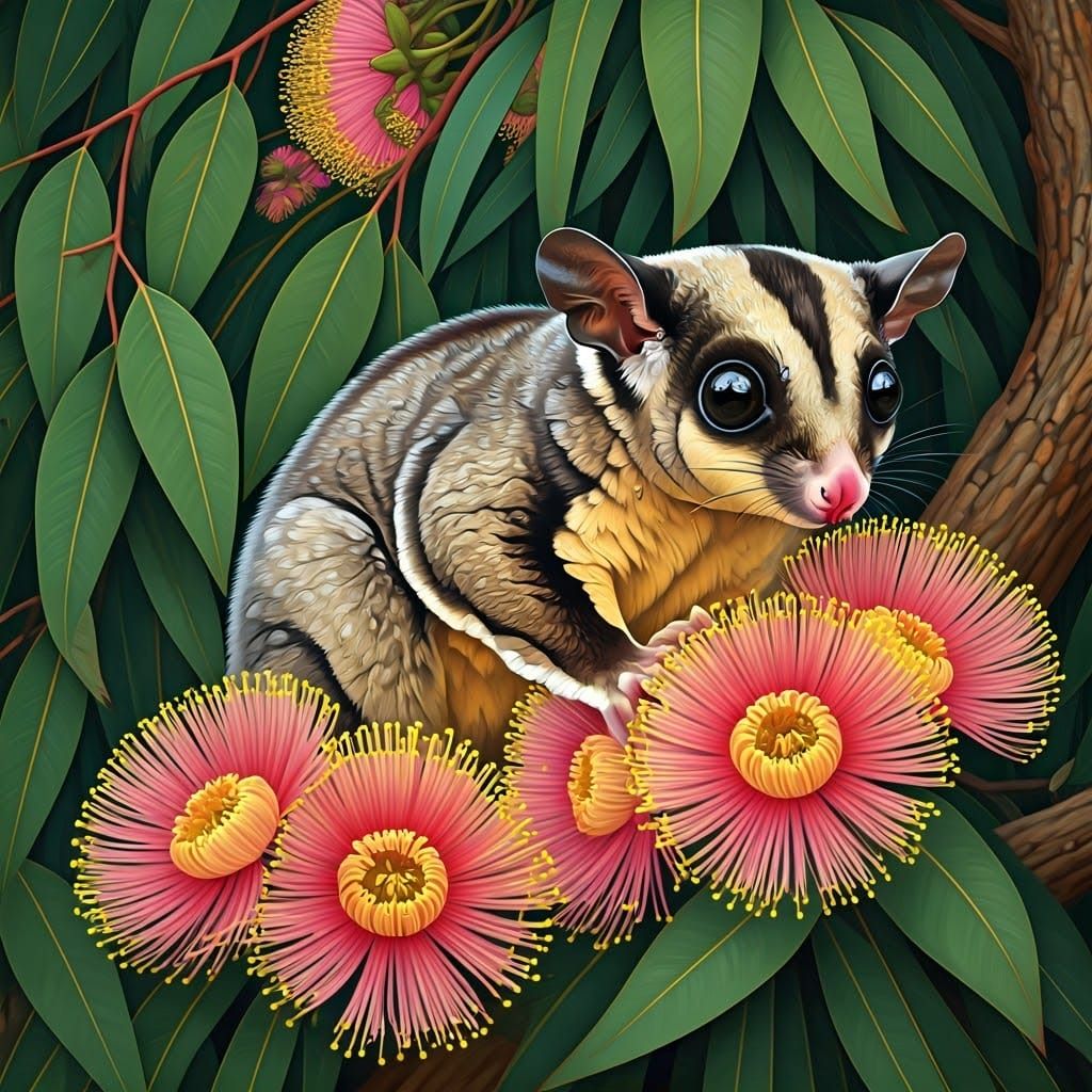 Australian Sugar Glider in an Australian flowering eucalyptu...