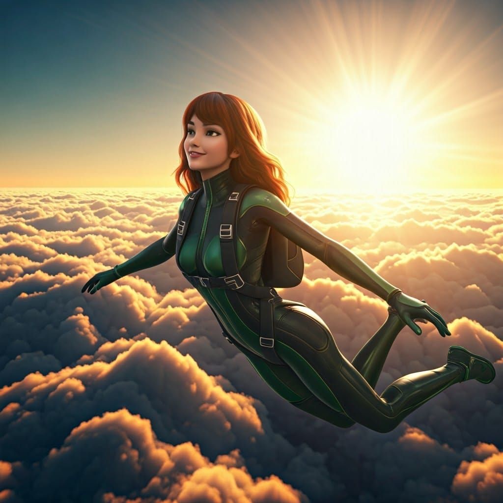 Daphne, Cyberpunk Skydiver, in Mid-Air Bliss