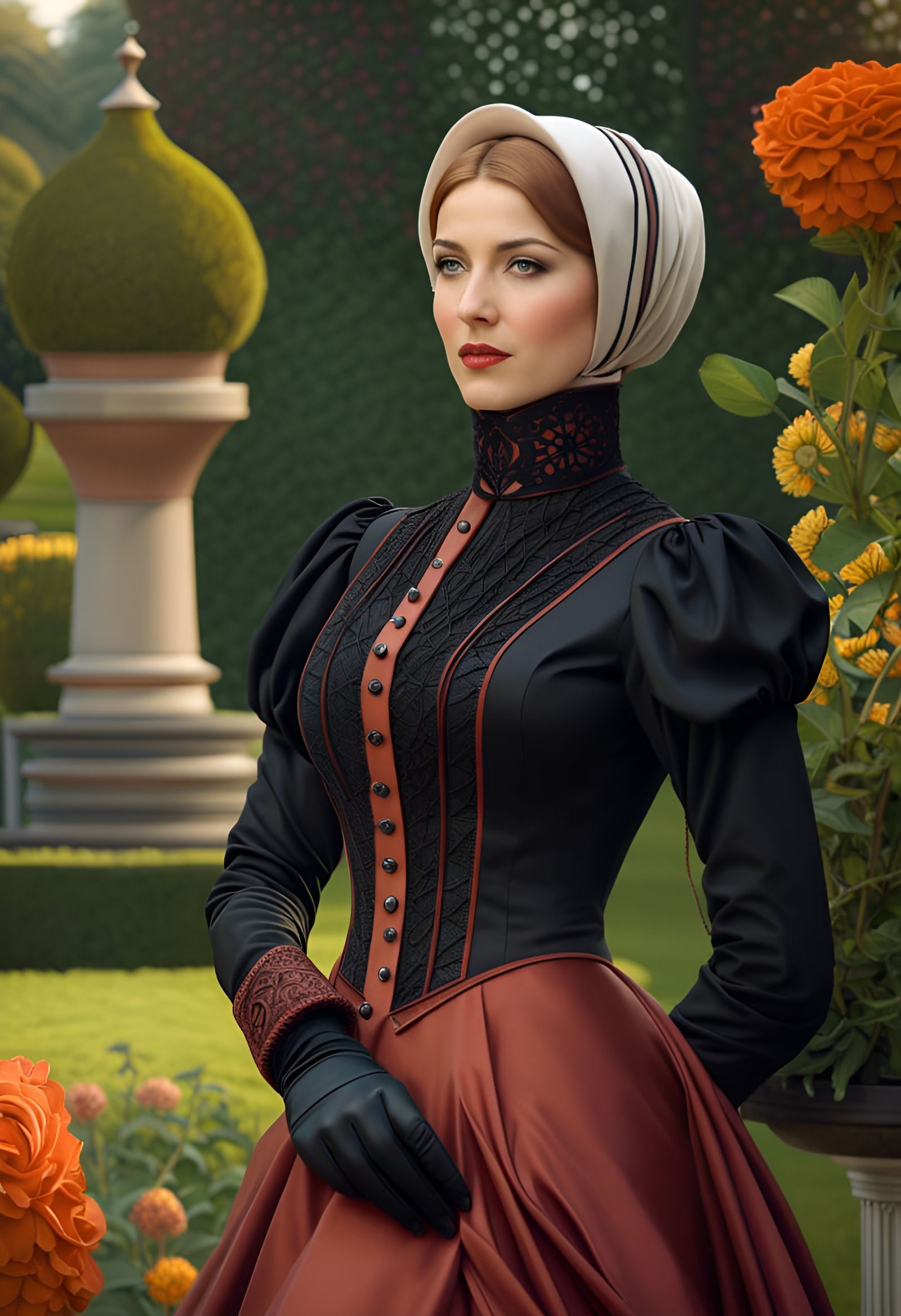 Victorian Woman with Hijab in Garden, Sensual Digital Art