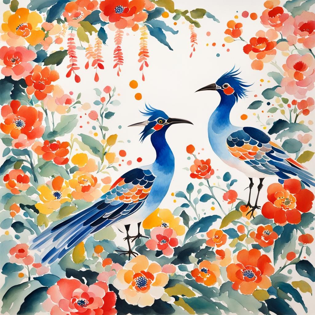 Vibrant Chinese Flower and Bird Gouache Painting
