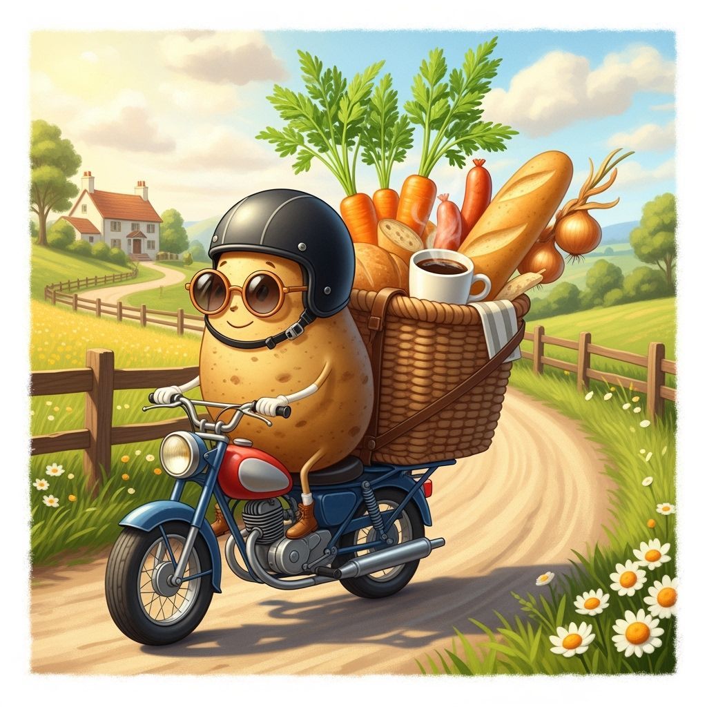 Anthropomorphic Potato Rides Vintage Motorbike with Grocerie...