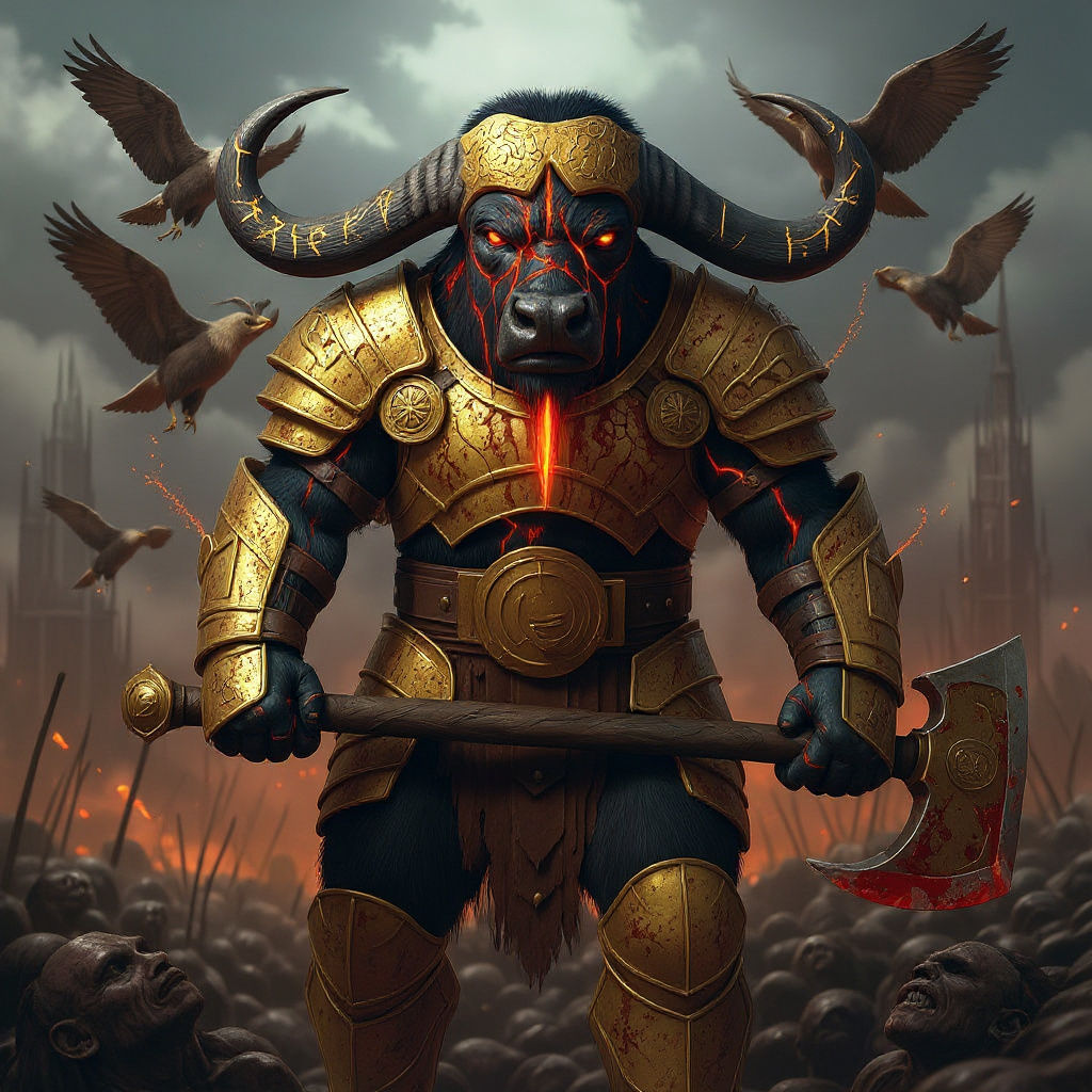Buffalo God in Gold Armor on Battlefield