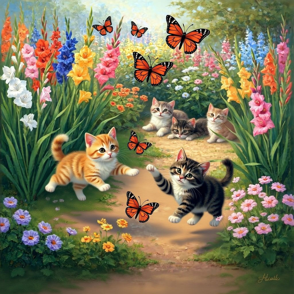 Kittens Play in a Gladiola Garden, Oil Painting