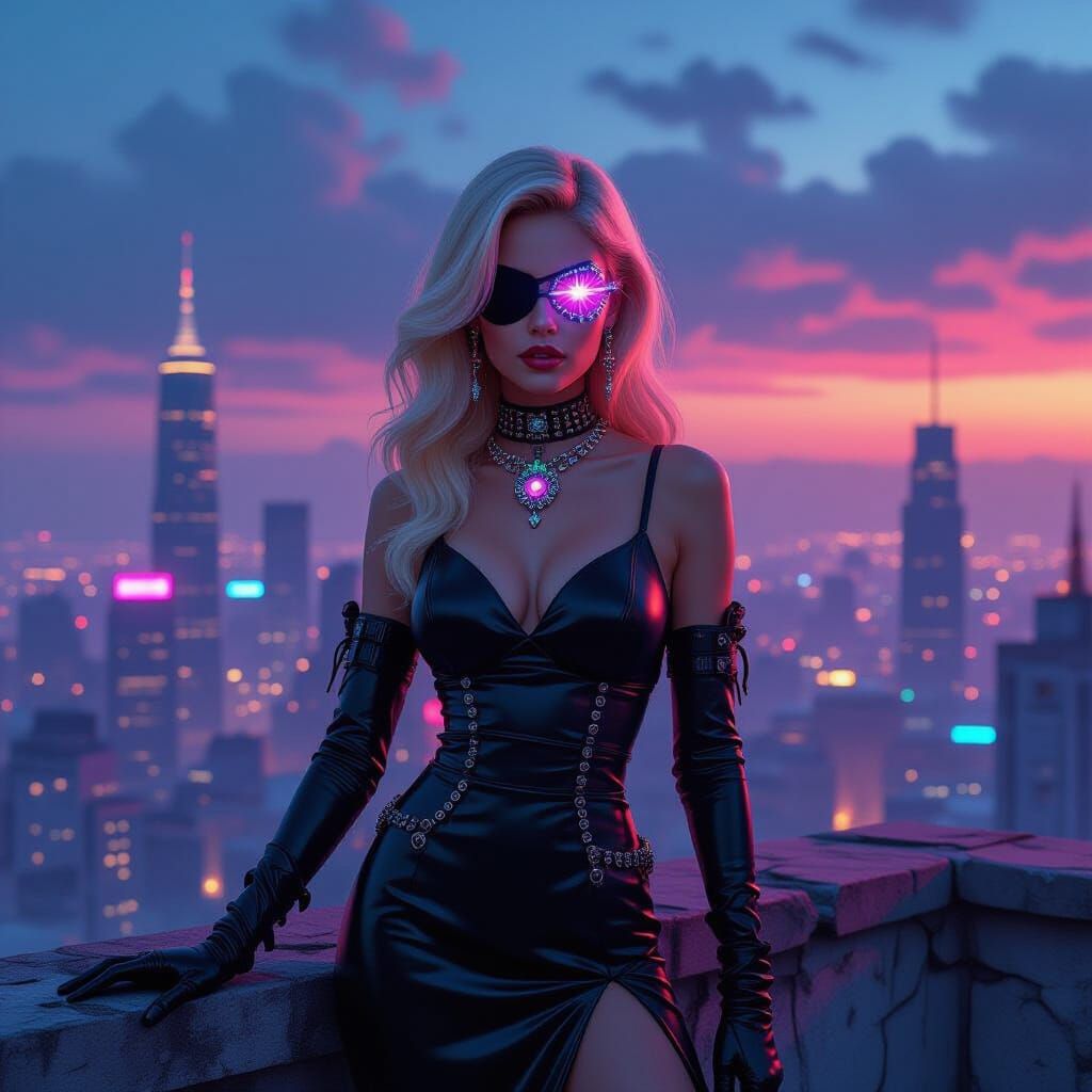 Blonde Woman with Eyepatch Over Neon City