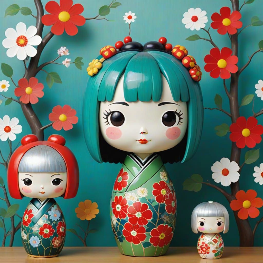 Jade-Colored Kokeshi Doll in Serene Japanese Garden Setting