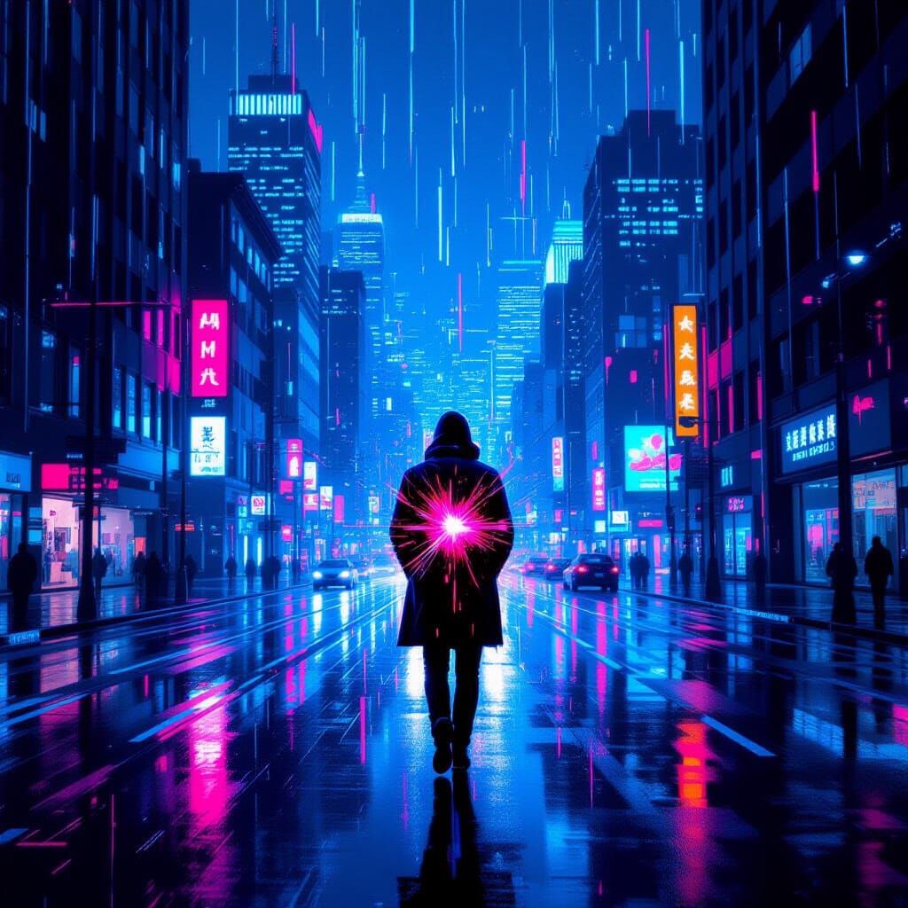 Lone Figure in Neon Cityscape at Night