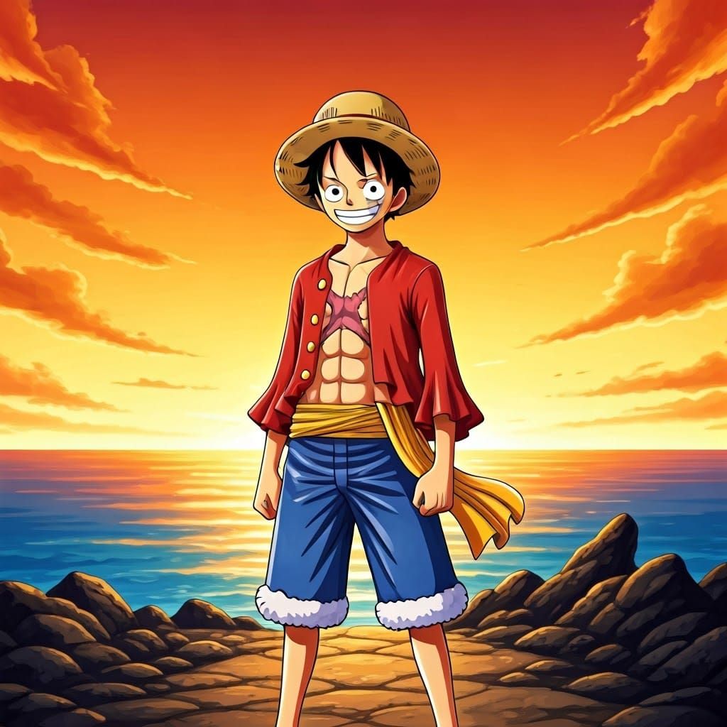Monkey D. Luffy on Rocky Coastline, Manga-Inspired Art
