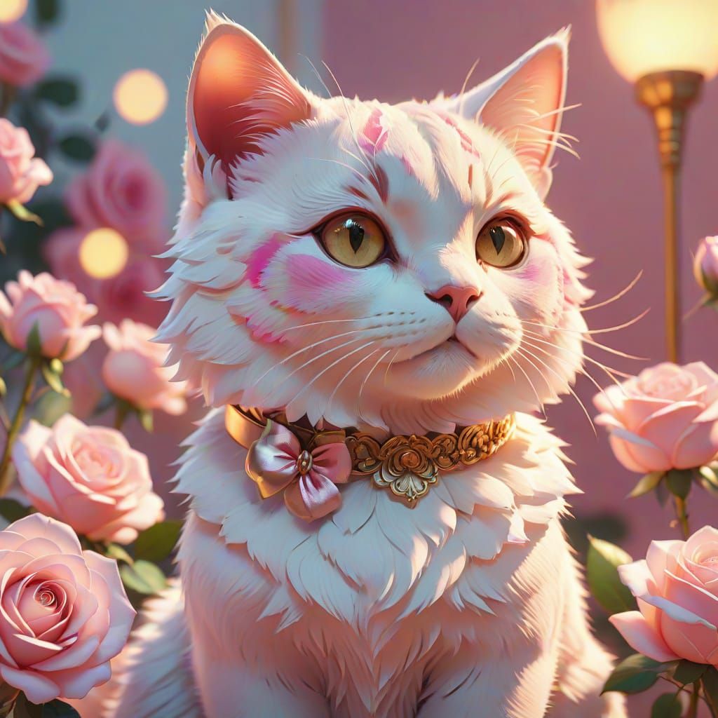 Pink Rose Cat in Anime Style, 3D Digital Art