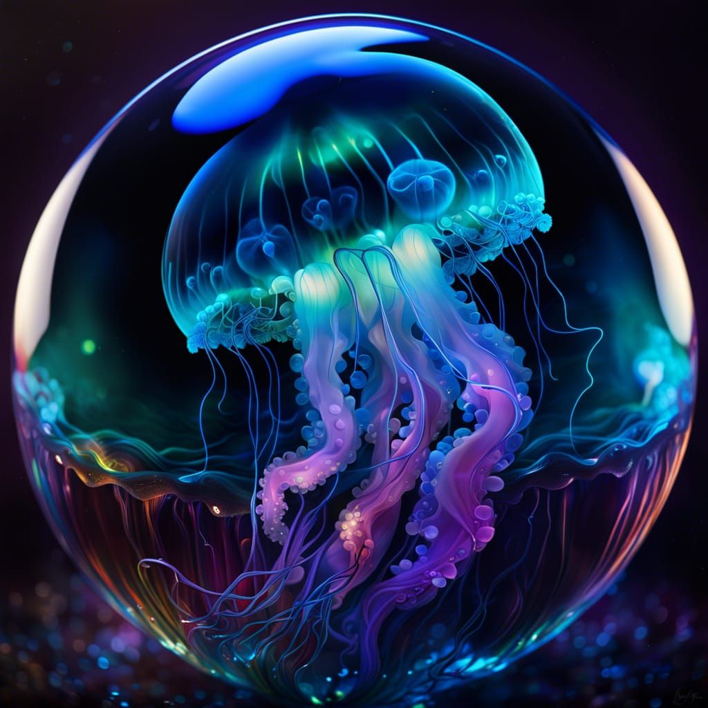 Bioluminescent Jellyfish in Glass Sphere, Dreamy Conceptual ...