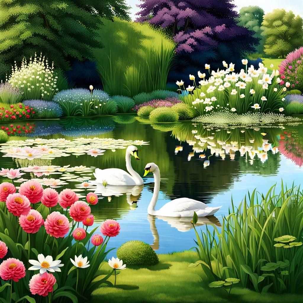 Serene Pond with Swans and Flowers