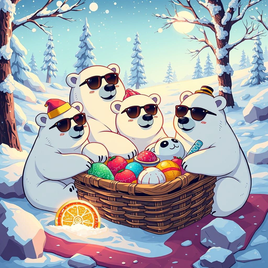 Whimsical Polar Bears Enjoy Futuristic Picnic in Snowy Anime...