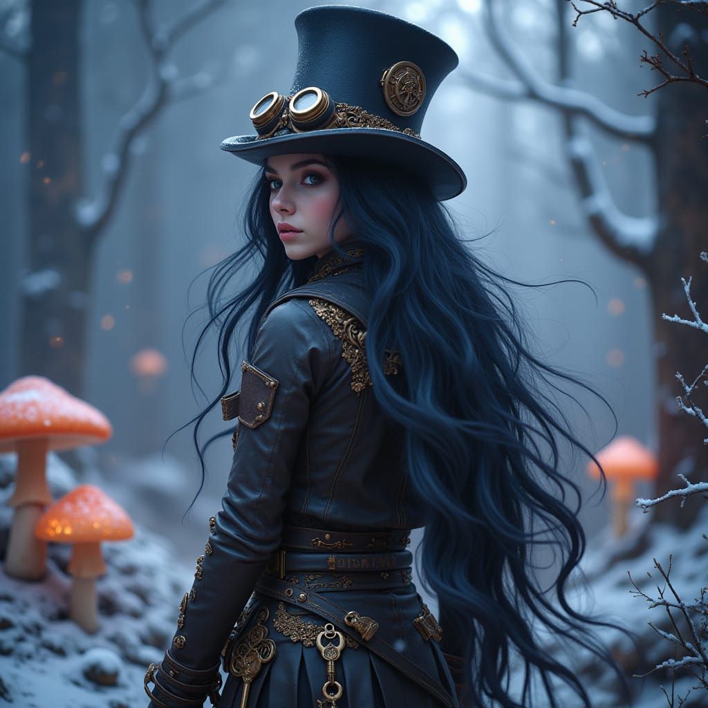 Steampunk woman wearing a top hat in a fairy forest long black windswept hair dress leather jacket with brass embellishm...