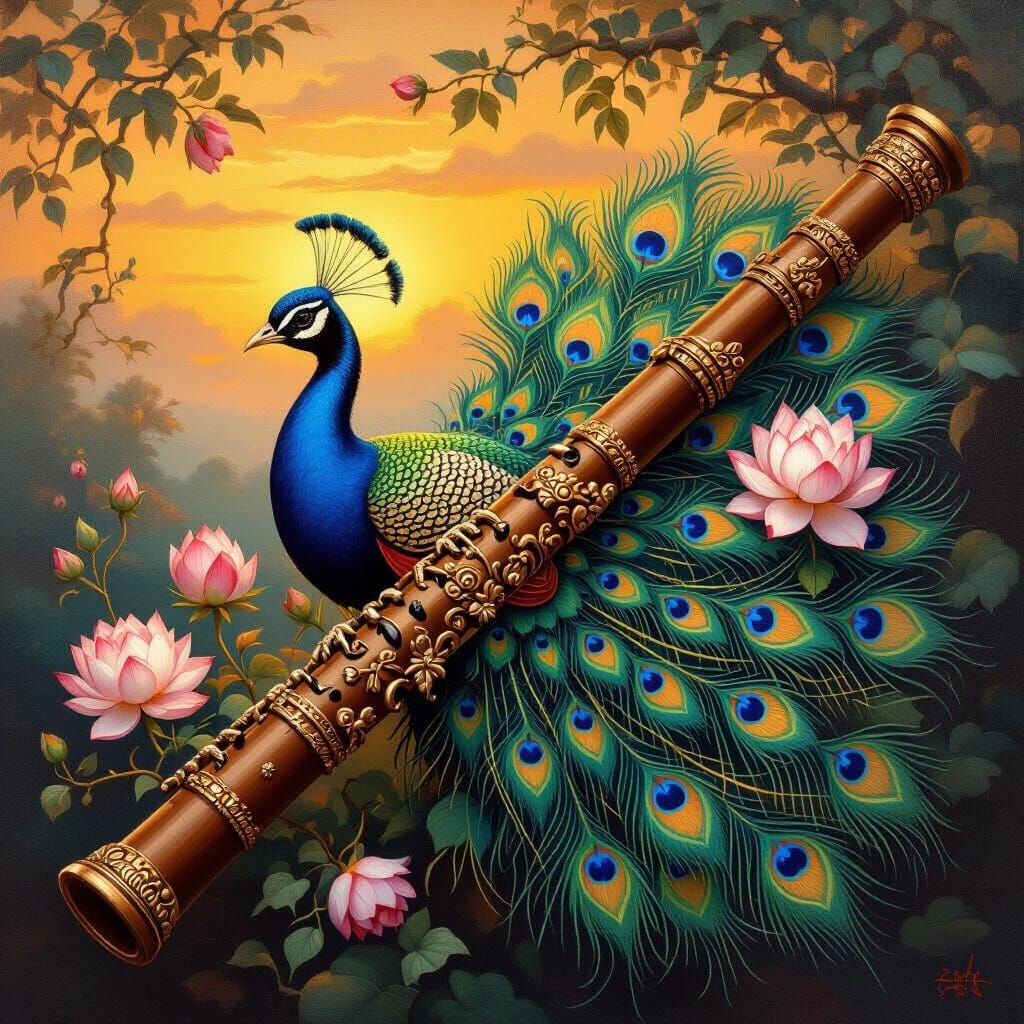 Indian Flute With Peacock Design at Golden Hour