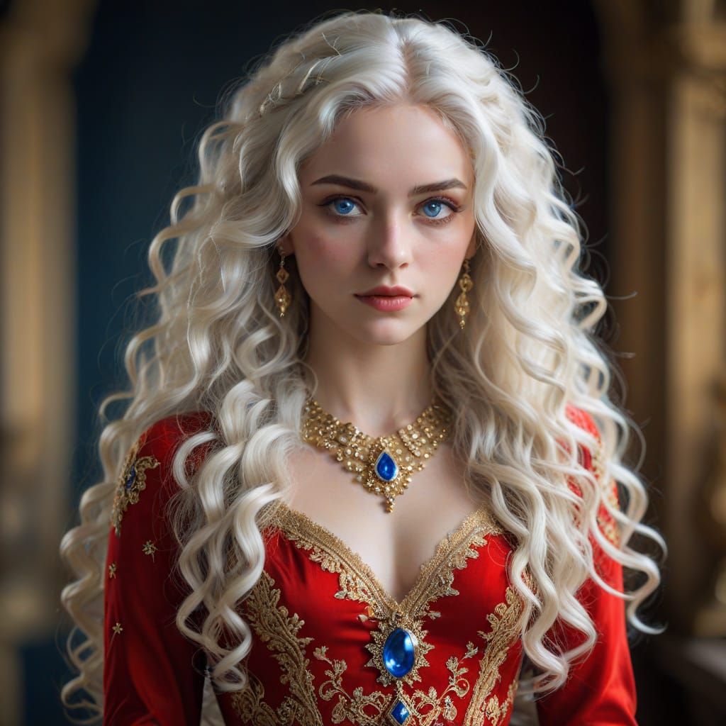 Beautiful Noble Woman with White Hair and Red Dress