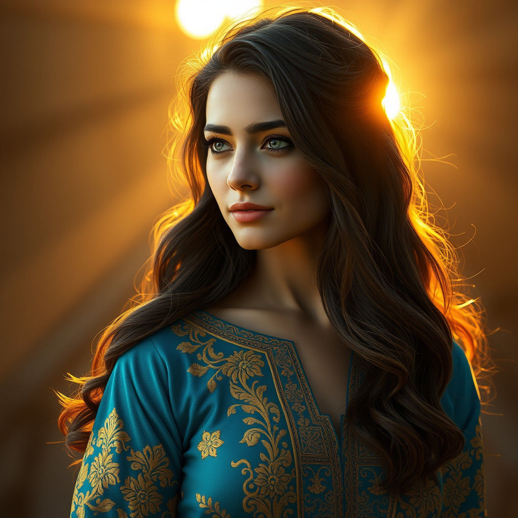 Radiant Woman in Golden Light: A Matte Painting