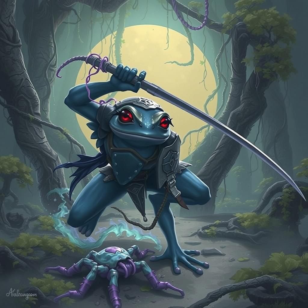 Samurai Frog in Bioluminescent Jungle, Digital Art