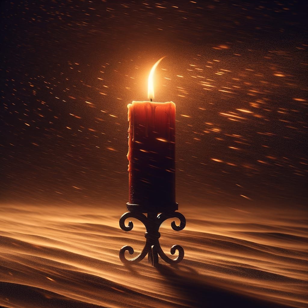 Lone Candle Flame Flickers in Night Wind