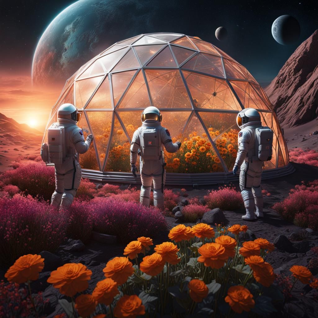 Lunar Gardeners: Men in Spacesuits Tend Flowers