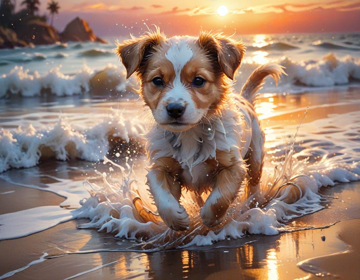 Puppy's Summerscape: Shimmering Waves in Watercolor Style