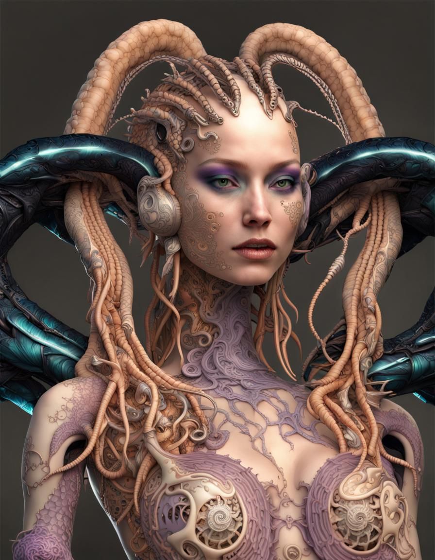 Biomechanical Dragon Nautilus with Cyberpunk Android