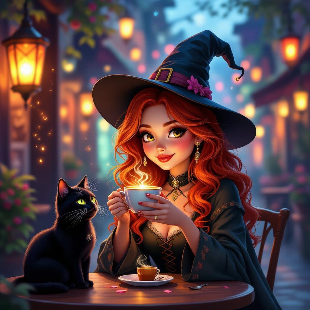 Cozy Witch and Cat Enjoying Magical Coffee