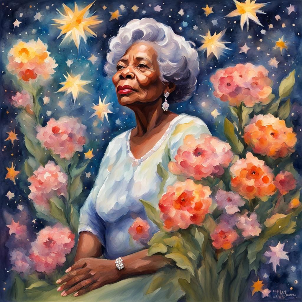 Elderly Woman in Space with Flowers: Gouache Impressionism