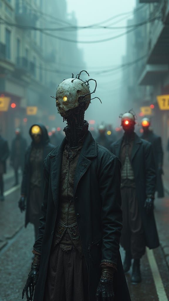 Grotesque Cyberpunk Procession in Victorian Attire