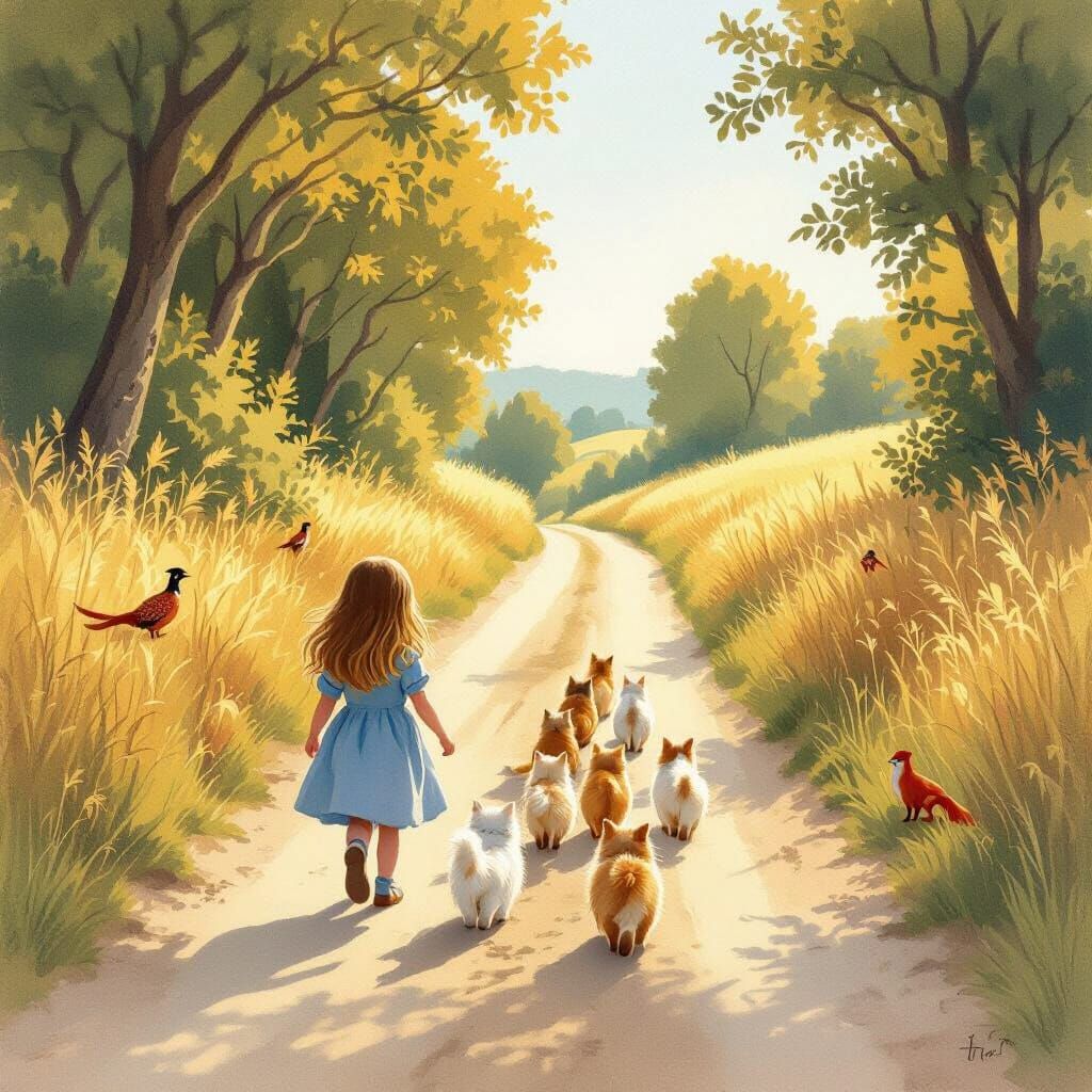 Girl Leads Fluffy Cats Down Country Road
