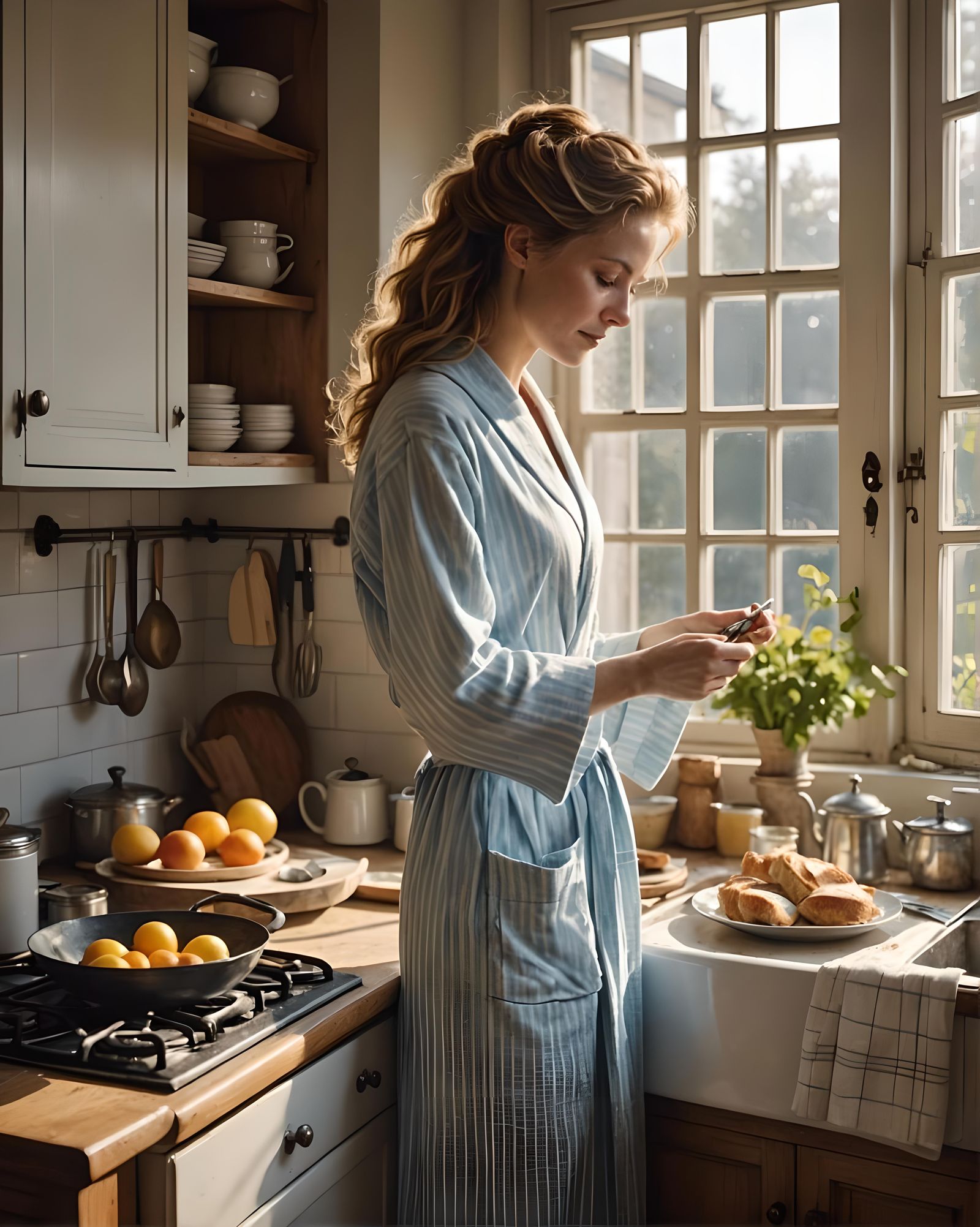 Elegant Old-Style Kitchen with Woman Preparing Breakfast