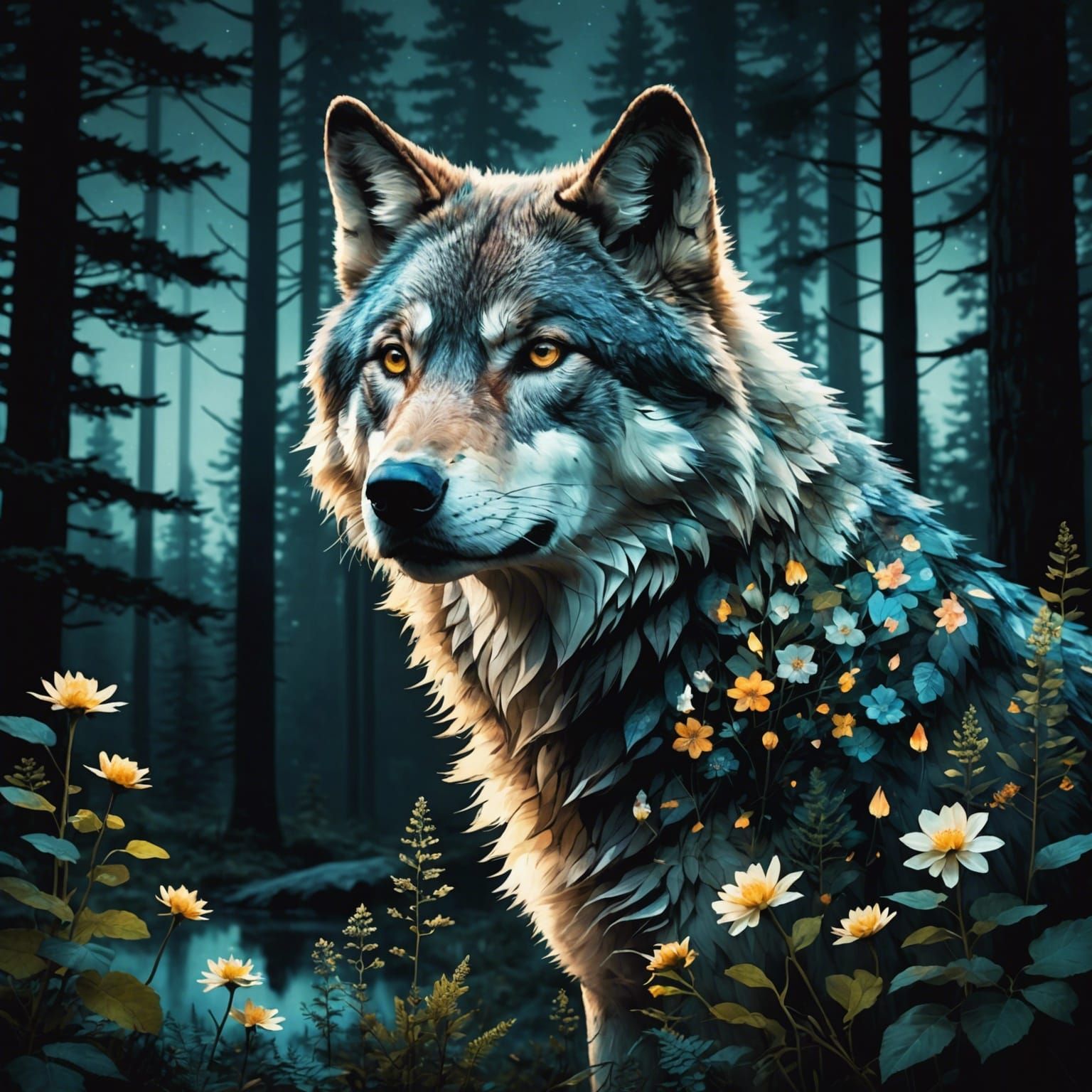 Hyperrealistic Wolf Double Exposure: Forest Magic