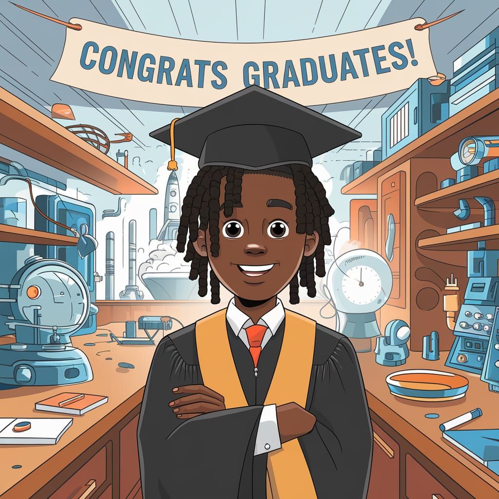 Young Black Graduate Celebrates in Inventor's Workshop