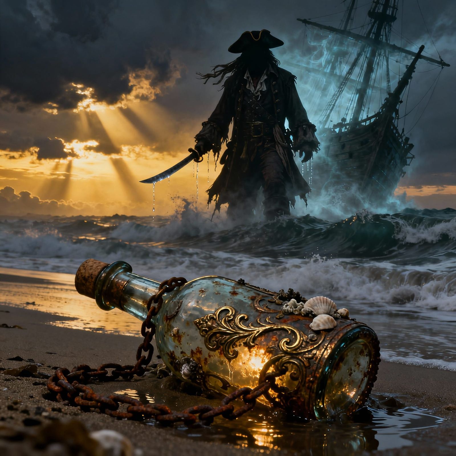 Fantasy Beach Scene: Spectral Captain and Sunken Galleon at ...