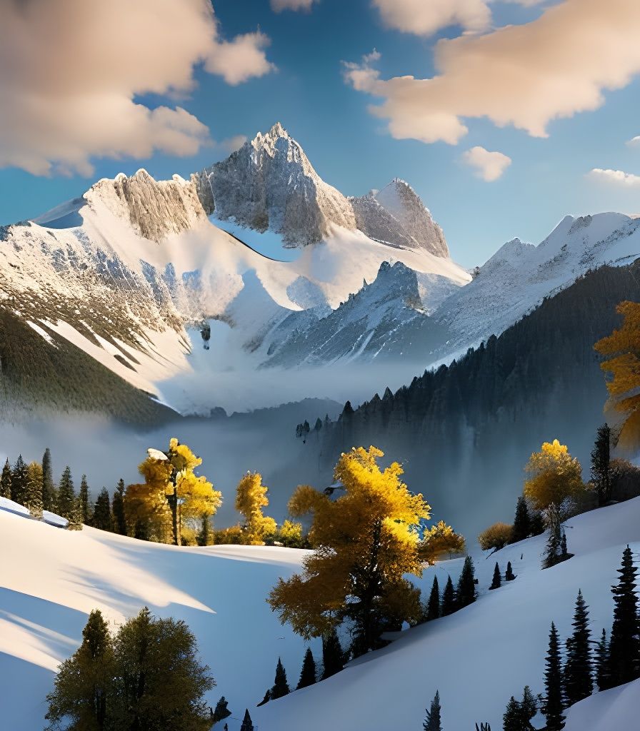 Snowy Mountains with Yellow Flowers: Baroque Oil Painting