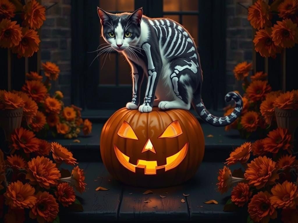 White Cat with Skeletal Body Paint on Porch