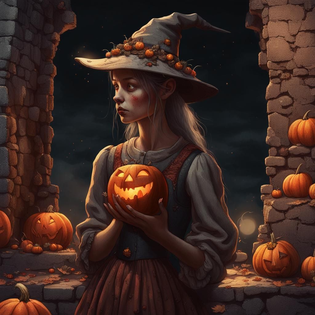Young Witch Near Castle Entrance in Hyperrealistic Style
