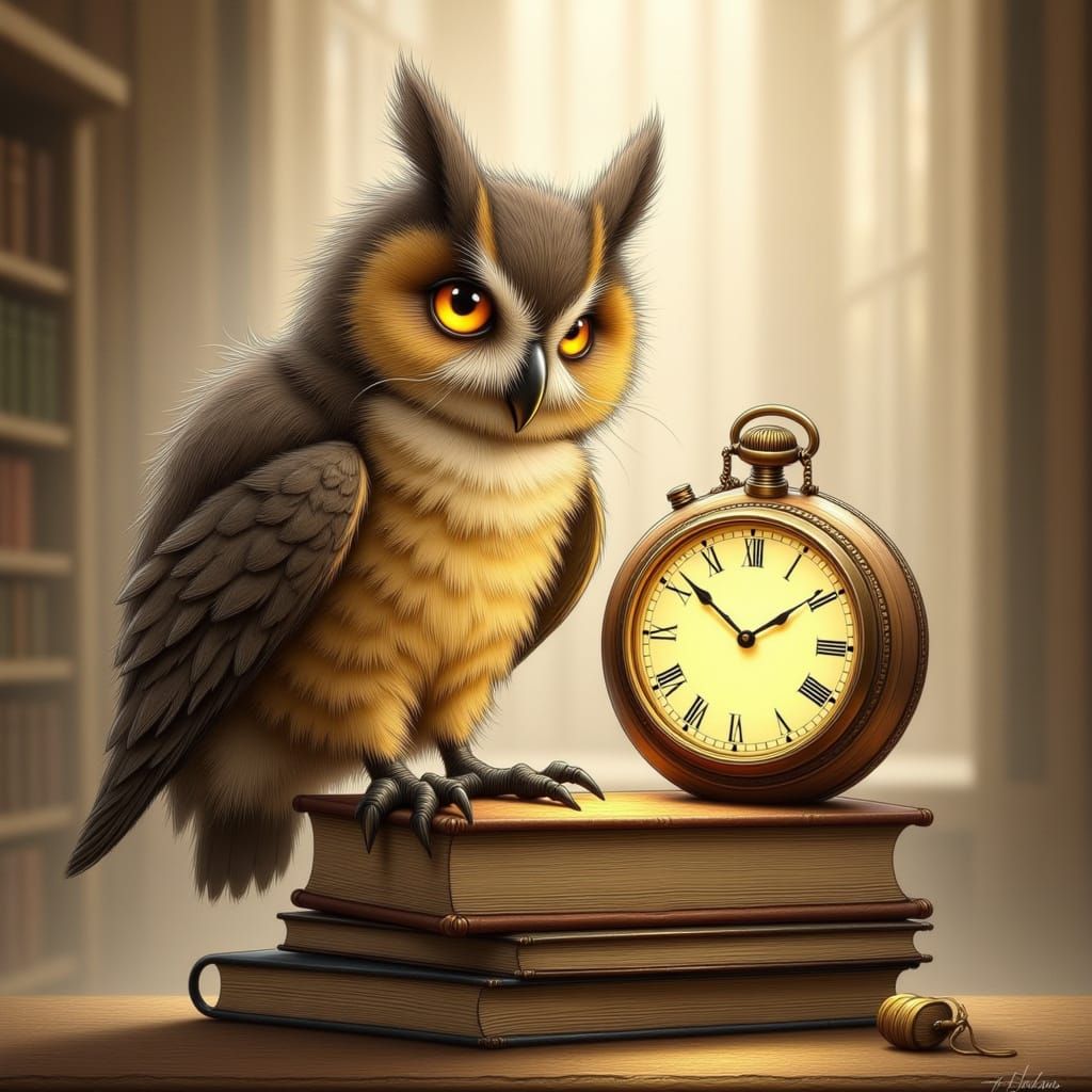 Steampunk Owl with Glowing Watch on Books