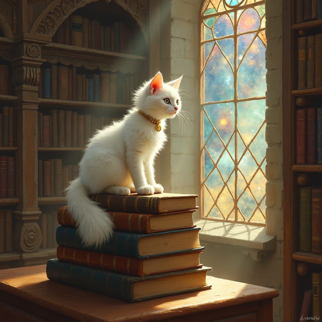 White Cat Gazing at Galaxy in Library, Oil Painting