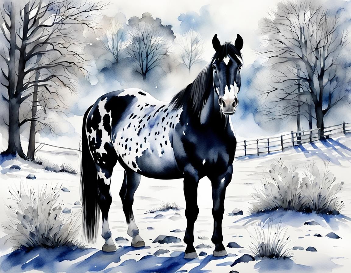 Watercolor Spotted Horse in Winter Scene