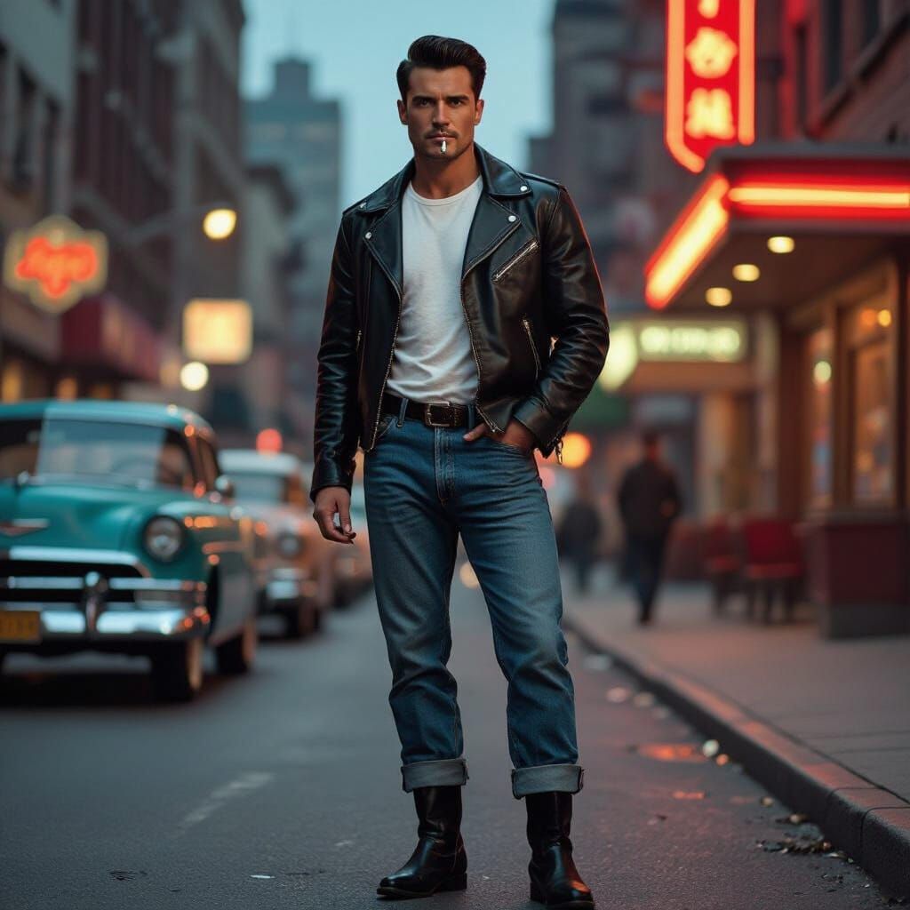 Charismatic Man in 1950s Greaser Style